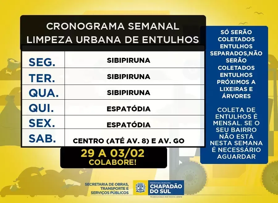 Imagem de compartilhamento para o artigo Confira o Cronograma de Limpeza Urbana semanal de Chapadão do Sul da MS Todo dia